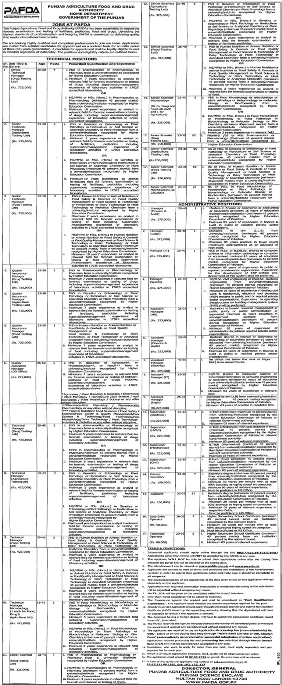 Punjab Agriculture Food & Drug Authority Jobs 2025